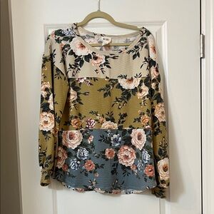 BiBi Floral Patchwork Long Sleeve Top - Green and Gray